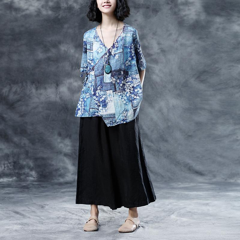 Floral Loose Summer V-Neck Short Sleeve Blue Lacing Blouse