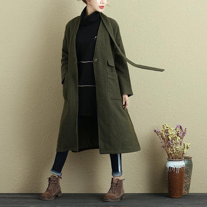 Women Long Sleeve Pockets Button Slit Green Coat