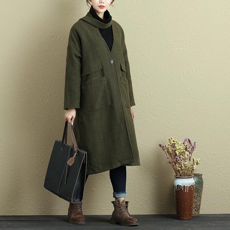 Women Long Sleeve Pockets Button Slit Green Coat