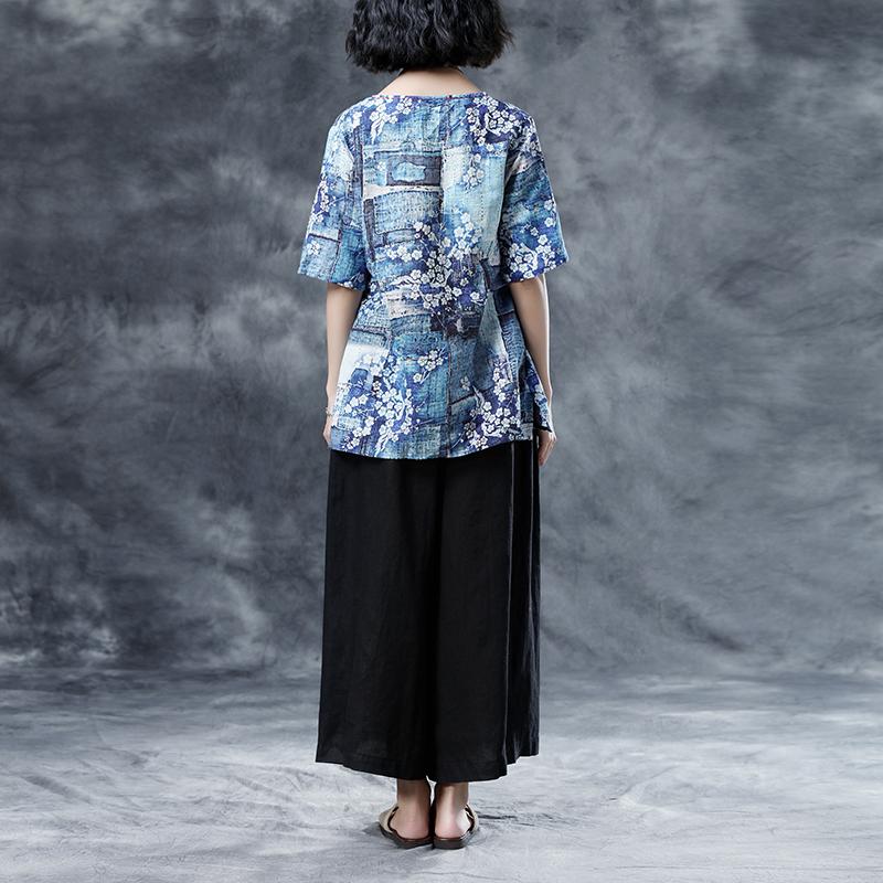 Floral Loose Summer V-Neck Short Sleeve Blue Lacing Blouse