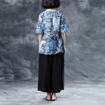 Floral Loose Summer V-Neck Short Sleeve Blue Lacing Blouse