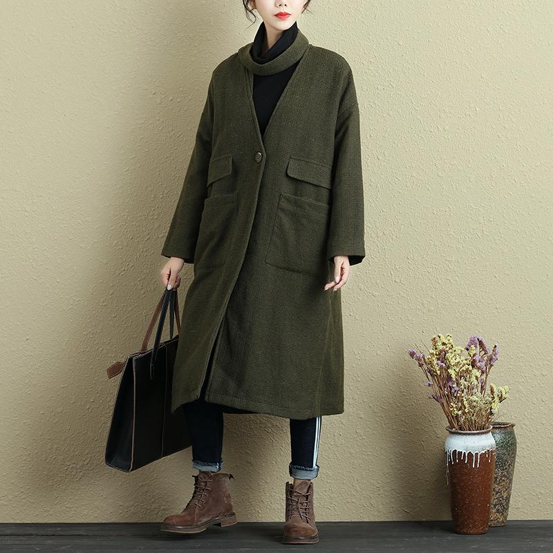 Women Long Sleeve Pockets Button Slit Green Coat