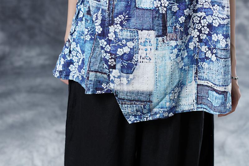Floral Loose Summer V-Neck Short Sleeve Blue Lacing Blouse