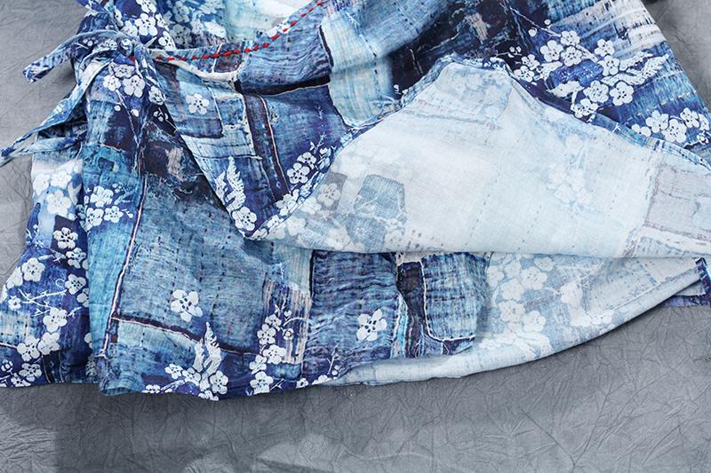 Floral Loose Summer V-Neck Short Sleeve Blue Lacing Blouse
