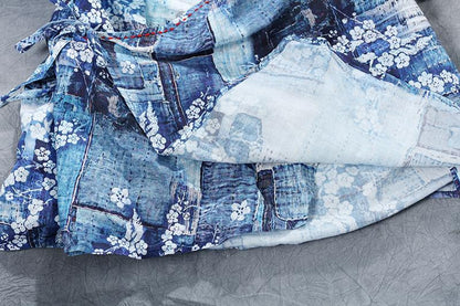 Floral Loose Summer V-Neck Short Sleeve Blue Lacing Blouse
