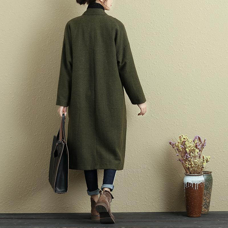 Women Long Sleeve Pockets Button Slit Green Coat