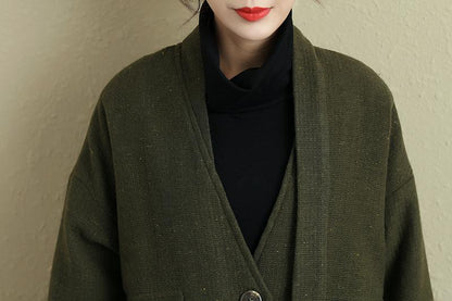 Women Long Sleeve Pockets Button Slit Green Coat