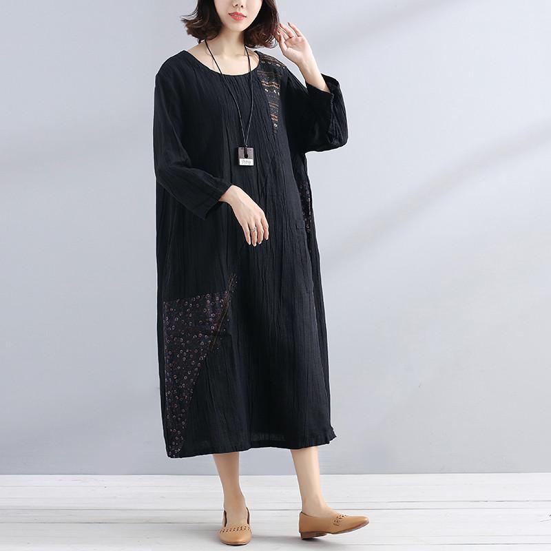 Women Cotton Linen Long Sleeves Loose Black Dress