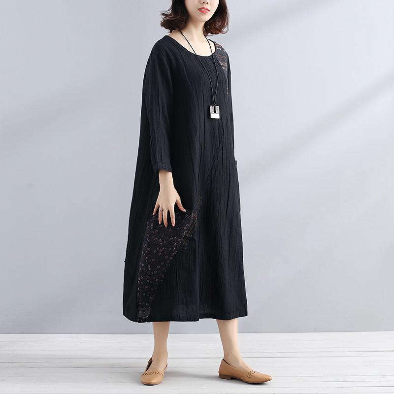 Women Cotton Linen Long Sleeves Loose Black Dress