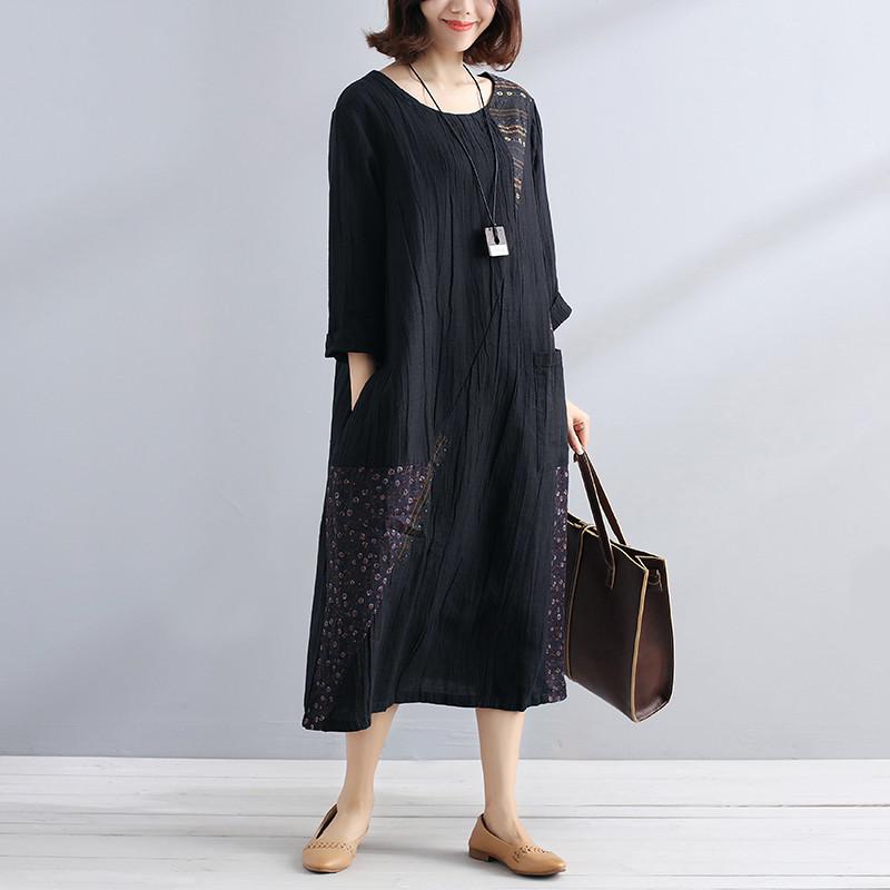 Women Cotton Linen Splicing Long Sleeves Loose Black Dress