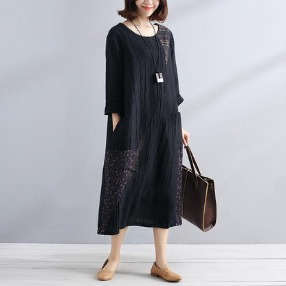 Women Cotton Linen Long Sleeves Loose Black Dress