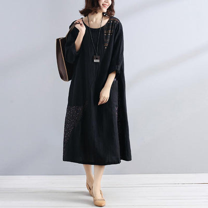 Women Cotton Linen Splicing Long Sleeves Loose Black Dress