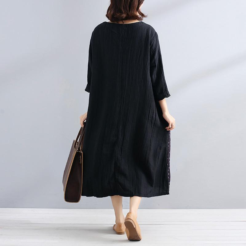 Women Cotton Linen Splicing Long Sleeves Loose Black Dress