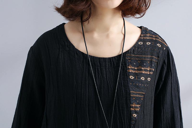 Women Cotton Linen Long Sleeves Loose Black Dress
