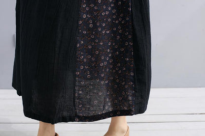 Women Cotton Linen Splicing Long Sleeves Loose Black Dress