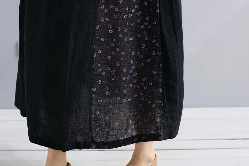 Women Cotton Linen Long Sleeves Loose Black Dress