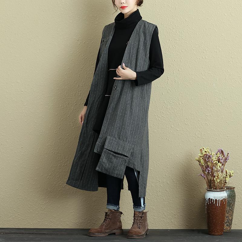 Women Spring Autumn Sleeveless Stripe Pockets Irregular Gray Long Vest