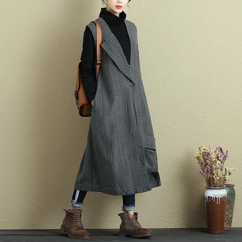 Women Spring Autumn Sleeveless Stripe Pockets Irregular Gray Long Vest