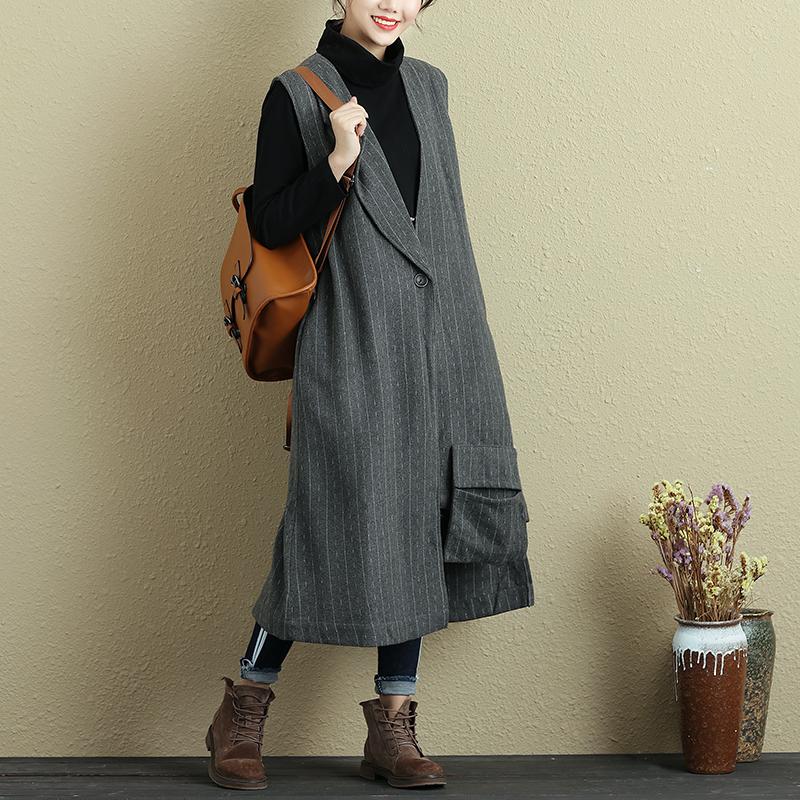 Women Spring Autumn Sleeveless Stripe Pockets Irregular Gray Long Vest