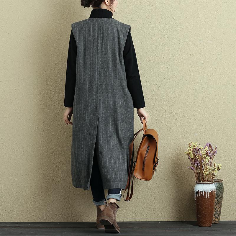 Women Spring Autumn Sleeveless Stripe Pockets Irregular Gray Long Vest