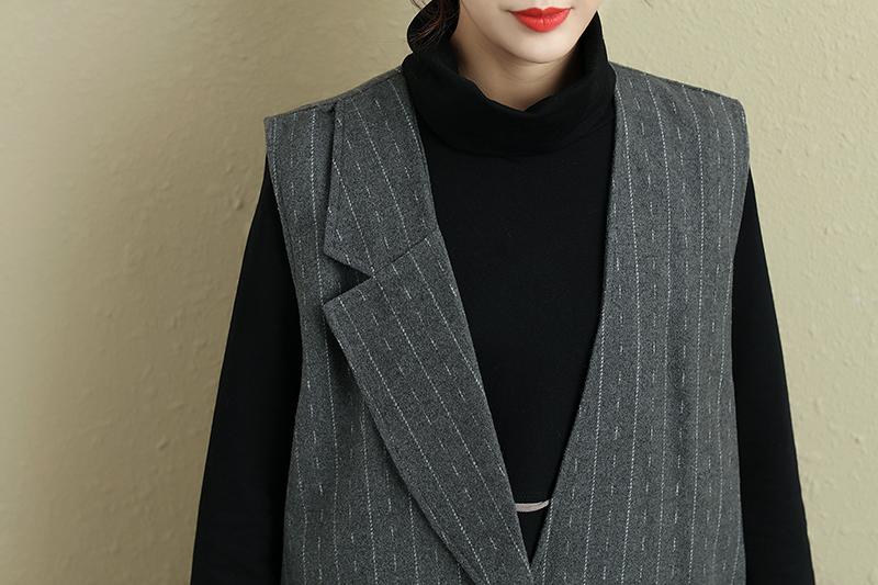 Women Spring Autumn Sleeveless Stripe Pockets Irregular Gray Long Vest