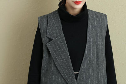 Women Spring Autumn Sleeveless Stripe Pockets Irregular Gray Long Vest