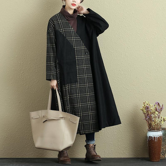Women Spring Autumn Long Sleeve Button Lattice Pocket Coat