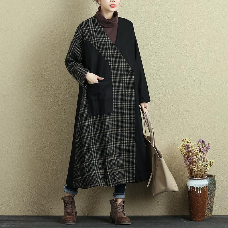 Women Spring Autumn Long Sleeve Button Lattice Pocket Coat