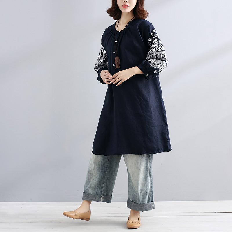 Women Linen Round Neck Embroidered Loose Shirt Dress