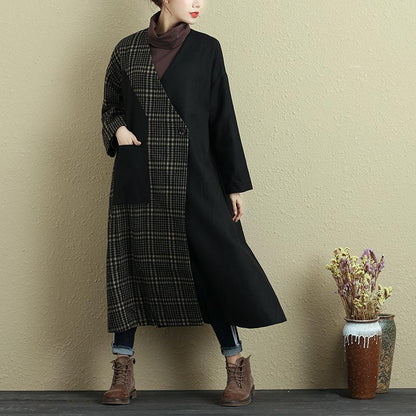 Women Spring Autumn Long Sleeve Button Lattice Pocket Coat
