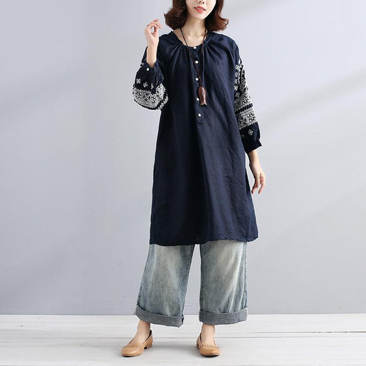 Women Linen Round Neck Embroidered Loose Shirt Dress