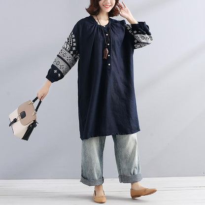 Women Linen Round Neck Embroidered Loose Shirt Dress