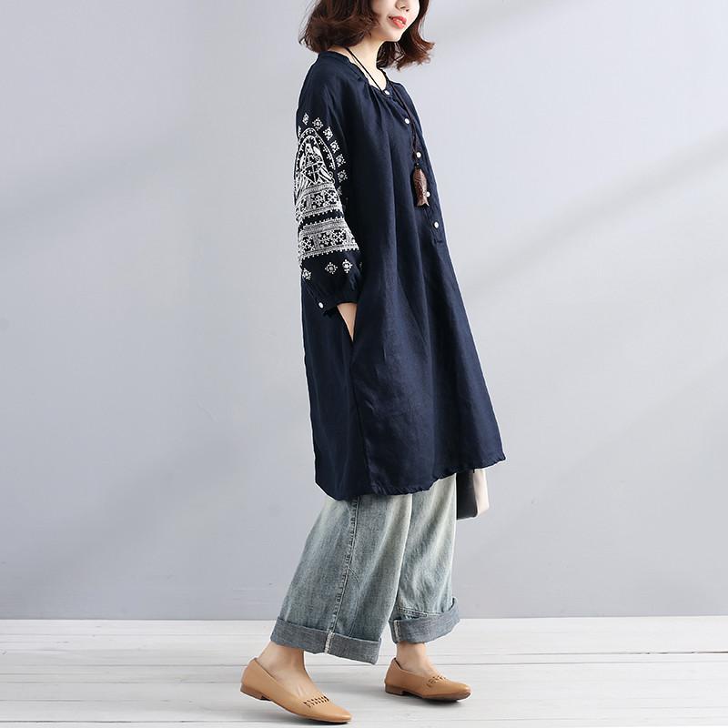 Women Linen Round Neck Embroidered Loose Shirt Dress