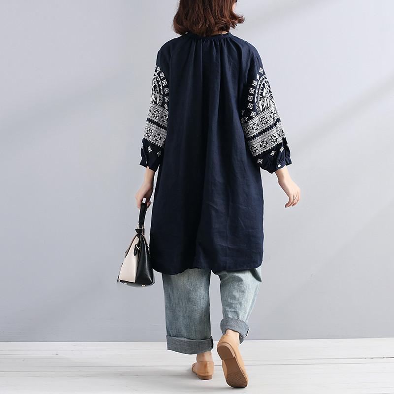 Women Linen Round Neck Embroidered Loose Shirt Dress
