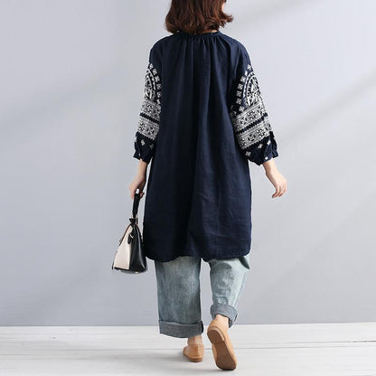 Women Linen Round Neck Embroidered Loose Shirt Dress