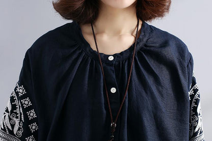 Women Linen Round Neck Embroidered Loose Shirt Dress