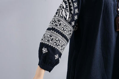 Women Linen Round Neck Embroidered Loose Shirt Dress