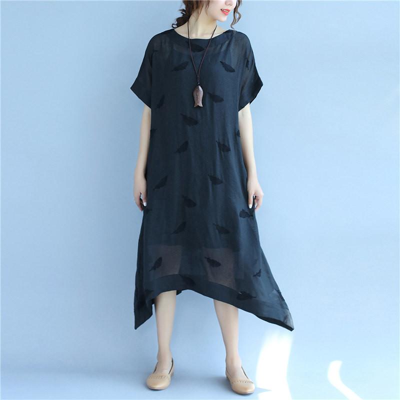 Linen Women Simple Summer Loose Black Dress