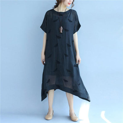Linen Women Simple Summer Loose Black Dress