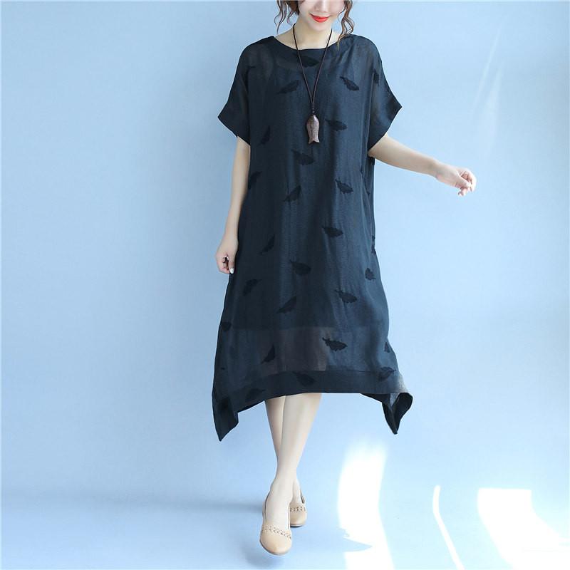 Linen Women Simple Summer Loose Black Dress