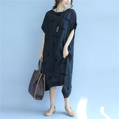 Linen Women Simple Summer Loose Black Dress