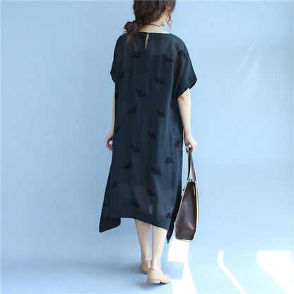 Linen Women Simple Summer Loose Black Dress