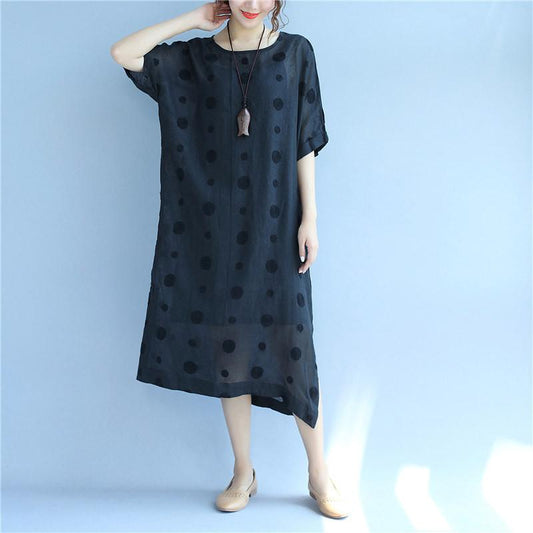 Linen Round Neck Dot Short Sleeves Black Dress