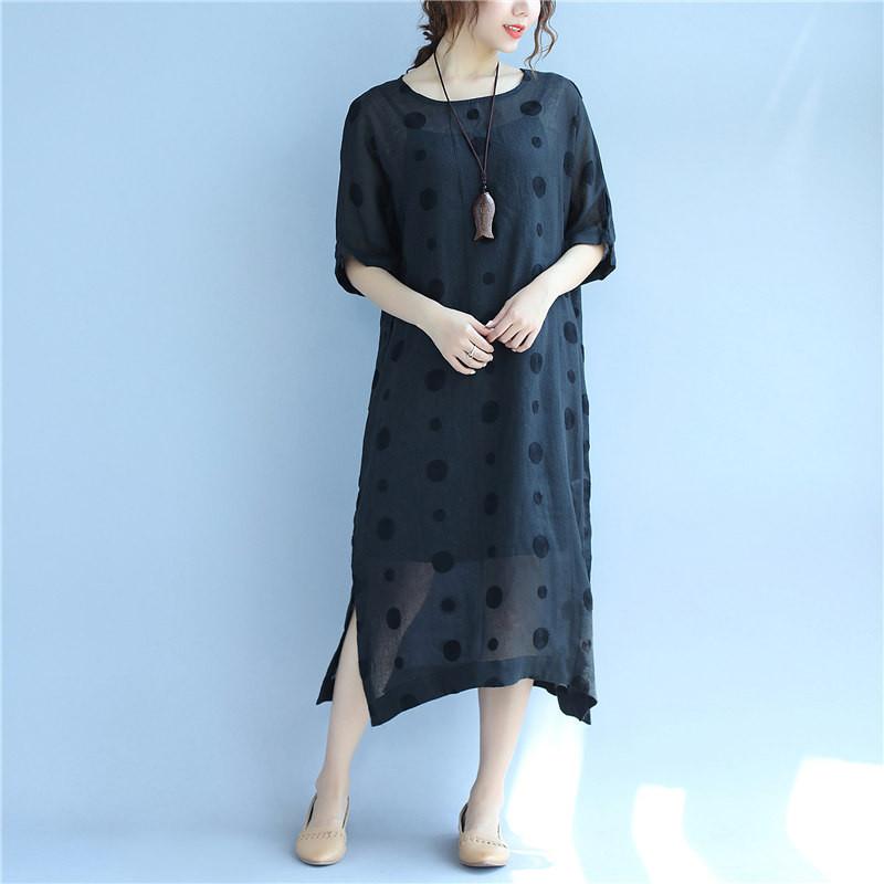 Linen Round Neck Dot Short Sleeves Black Dress