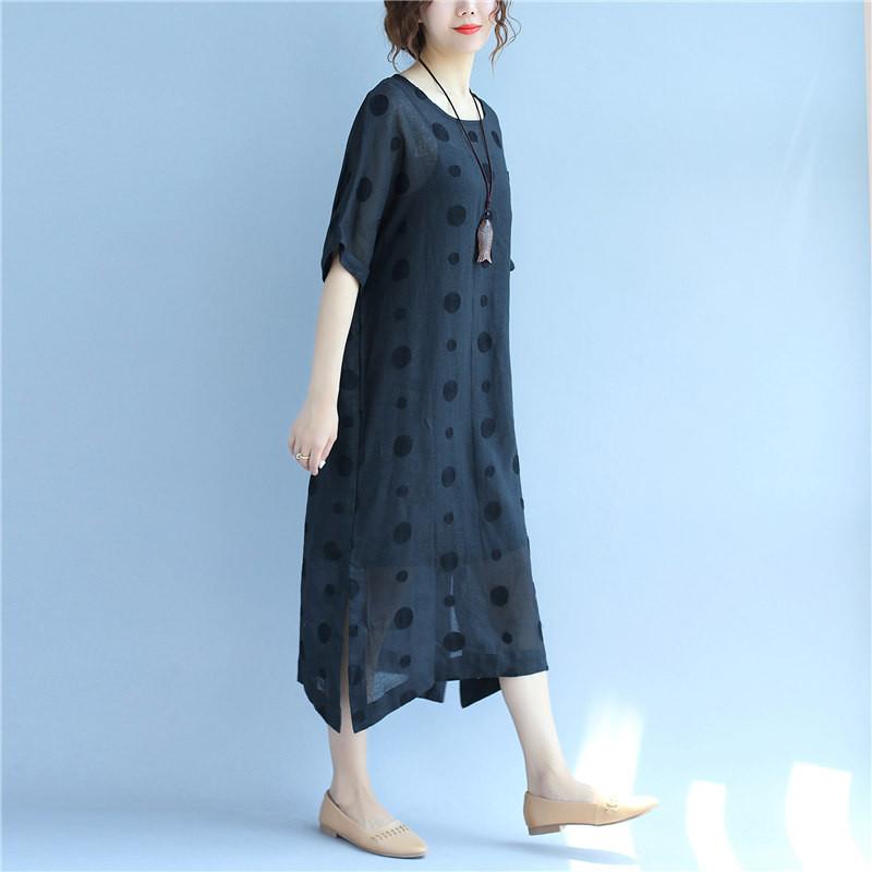 Linen Round Neck Dot Short Sleeves Black Dress