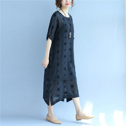 Linen Round Neck Dot Short Sleeves Black Dress