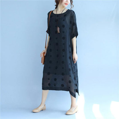 Linen Round Neck Dot Short Sleeves Black Dress