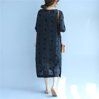 Linen Round Neck Dot Short Sleeves Black Dress