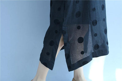 Linen Round Neck Dot Short Sleeves White Dress