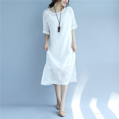Linen Round Neck Dot Short Sleeves White Dress